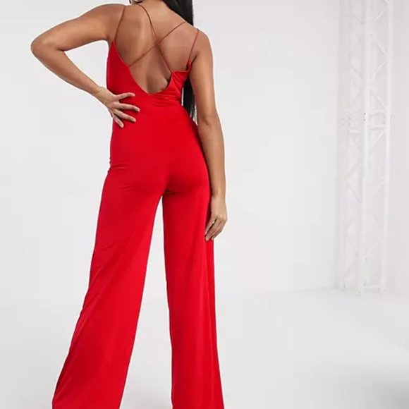 ASOS Slinky Jumpsuit with Elastic Straps Red US 2 - Picture 2 of 4